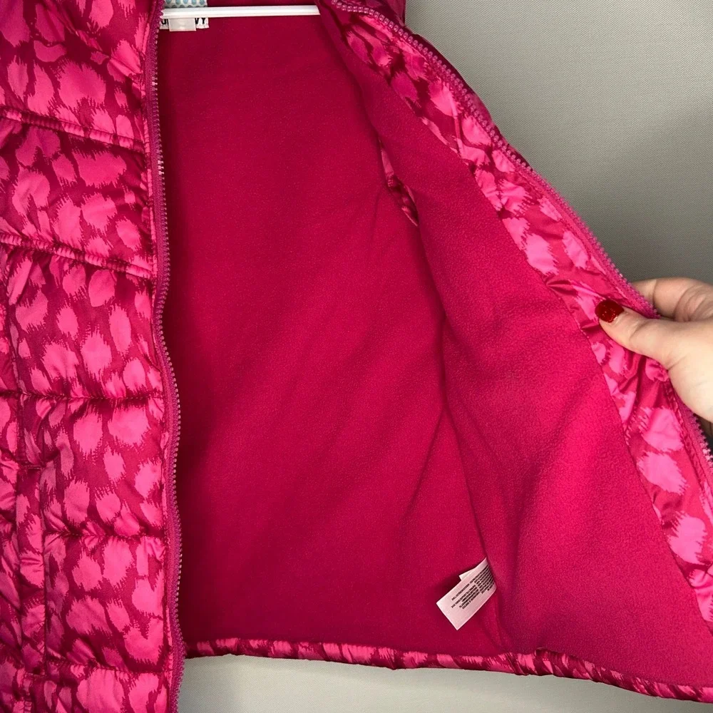 Old Navy Girls XL 14 Cheetah Pink Puffer Vest Fleece Lined Full Zip Quilted Fall